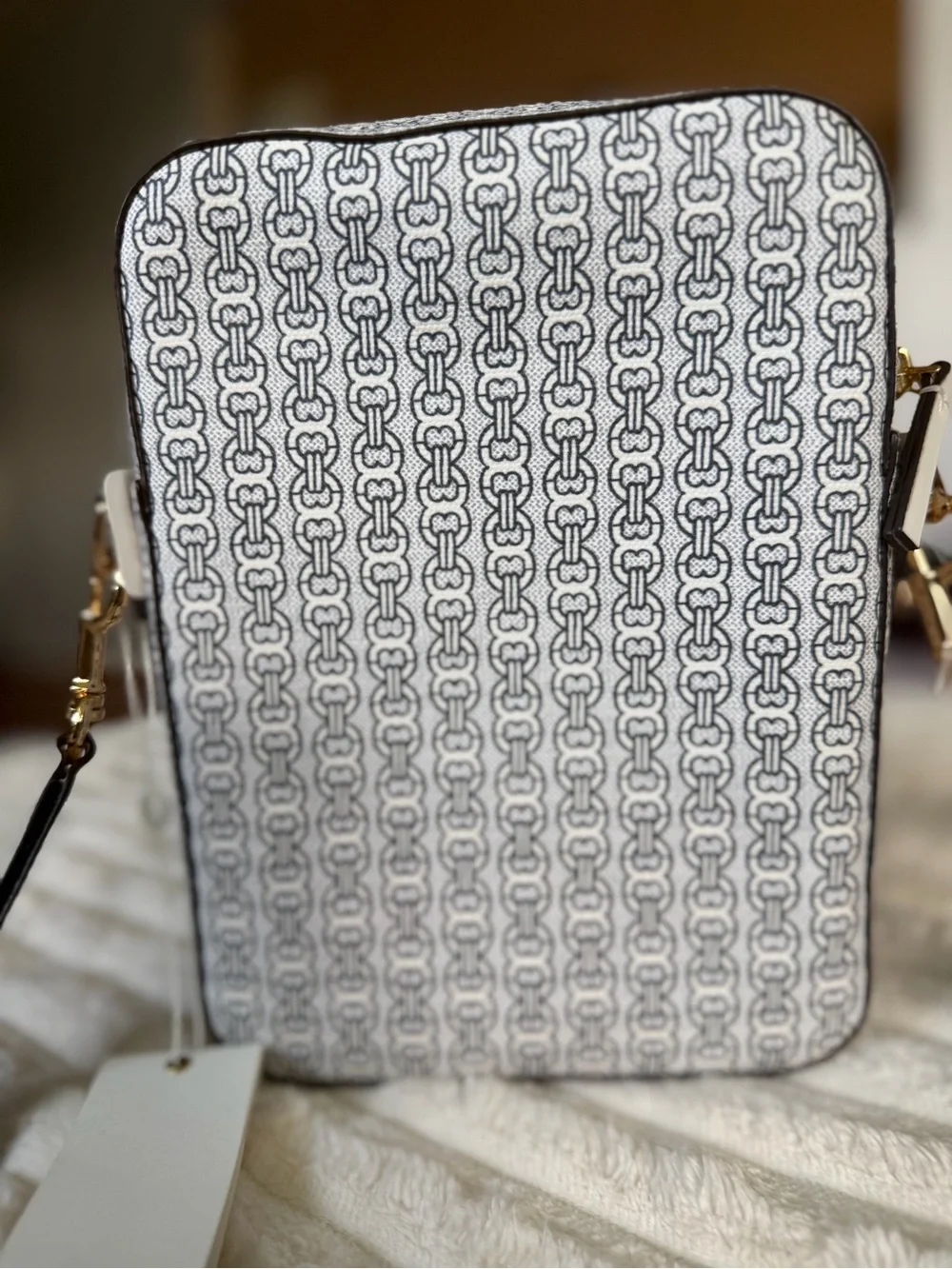 NWT Rare Tory Burch White, Navy & Black Printed Canvas Patch Crossbody Bag